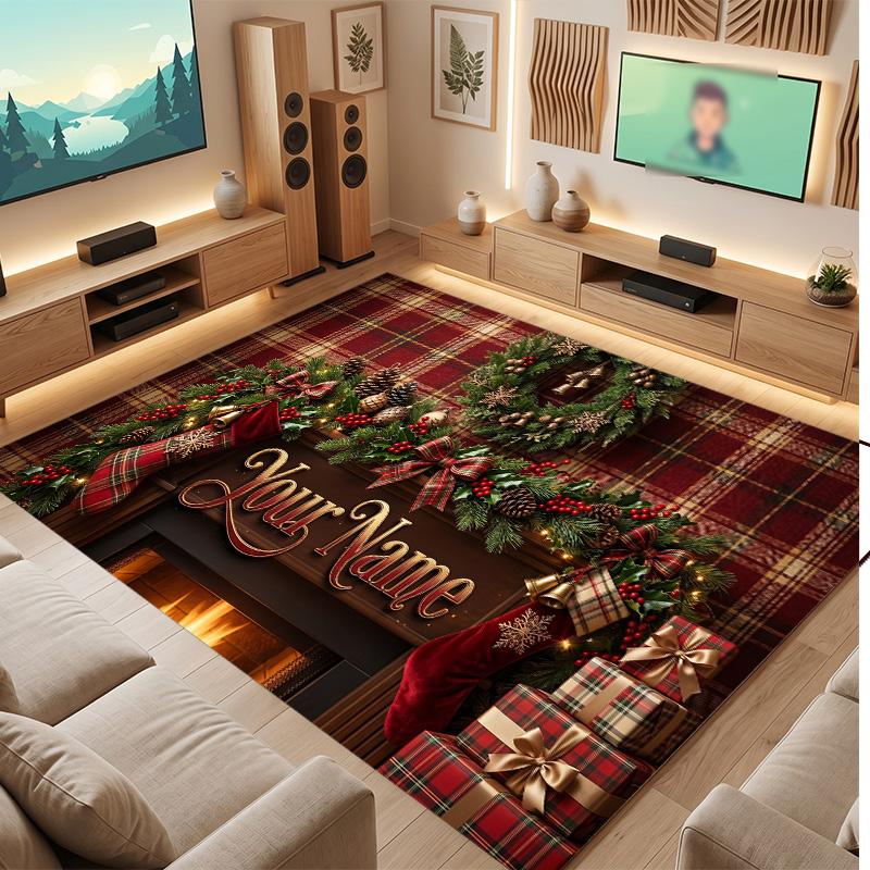 Weicher Kristall-Samt-Teppich mit Weihnachtsmotiv, individuell bedruckbar mit Namen & Text, rutschfester Bodenläufer für Schlafzimmer, Wohnzimmer