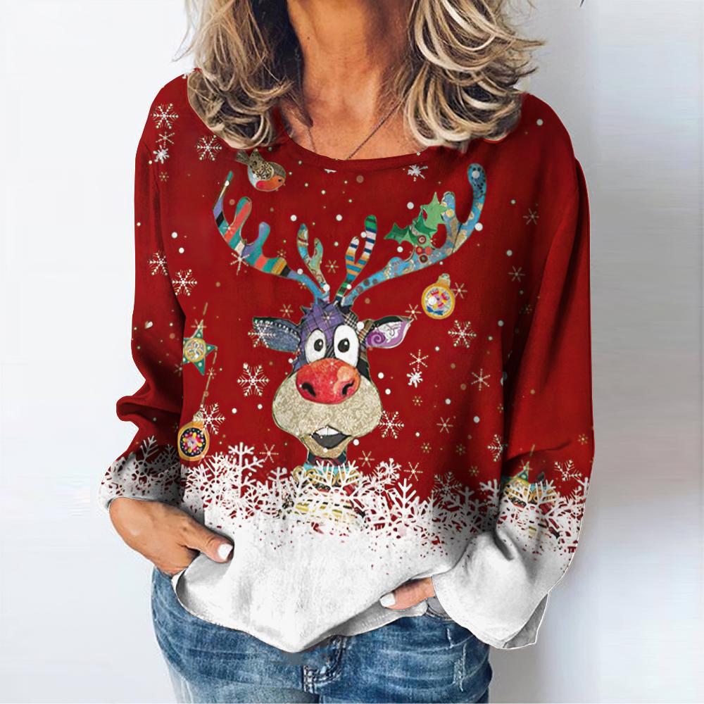 Christmas Women's T-shirt Autumn O-neck Sweater Snowman Print Long Sleeve Female Harajuku Streetwear Oversized Clothing For Lady