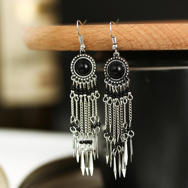 

Bohemian Long Tassel Earrings For Women Handmade Zircon Beads Chain Drop Earrings Big Round Resin Stone Dangle Ethnic Earrings чорний