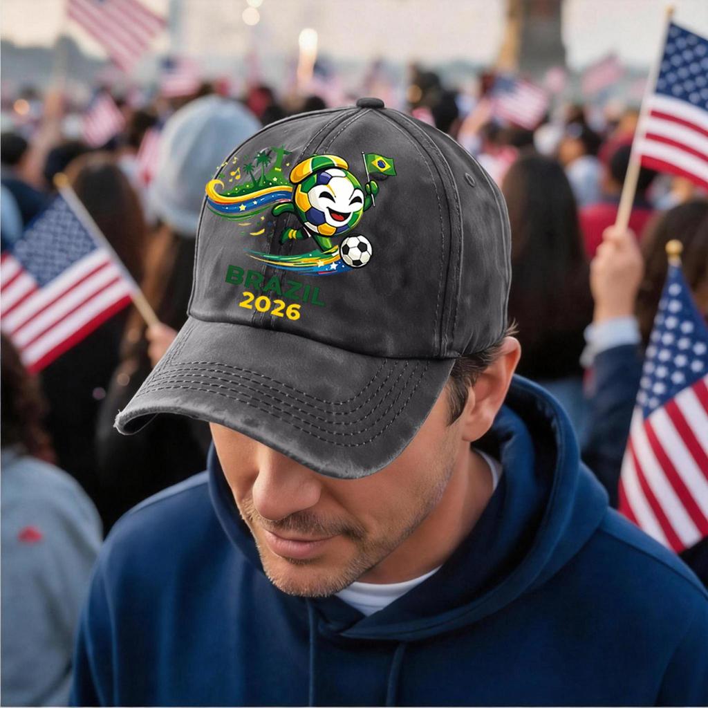 Unisex Vintage Washed Baseball Cap Soccer Fan Hat Embroidered Brazil 2026 Logo Adjustable Strap Back Supporter Headwear