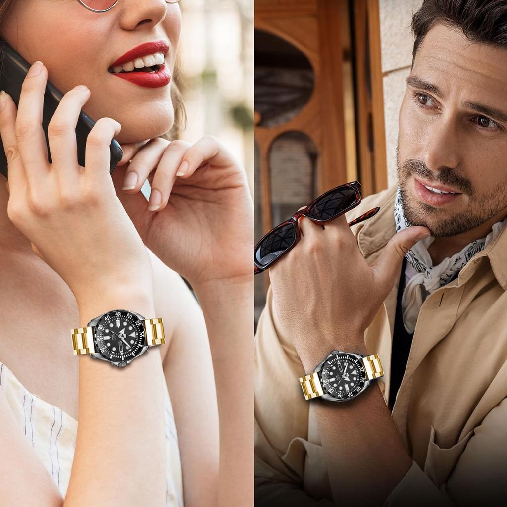 [Kai Tian] 20mm Stainless Steel Watch Band, Gold Quick-Release 3-Row Design, Unisex Watch Band