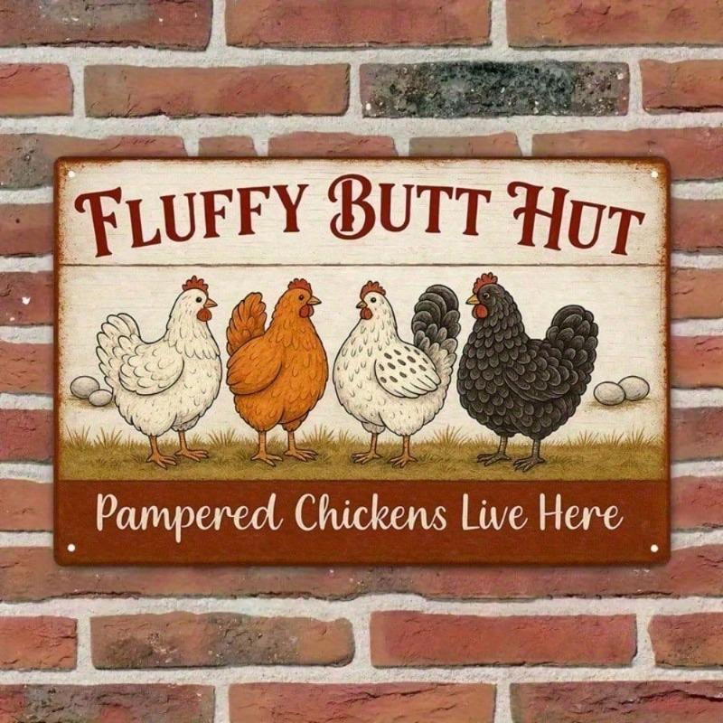 CocoButt Hut Funny Chicken Tin Sign Vintage Metal Wall Decor 8x12 Inches, Farmhouse Kitchen Rustic Country Wall Art, Fluffy Butt