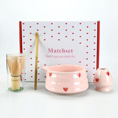 Set de batidor de matcha con diseño de corazón rosa, el set de matcha incluye cuenco de matcha, batidor de matcha y soporte para batidor, pala, tamiz, perfecto