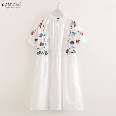 Summer Women Casual Stand Collar Print Short Sleeve Long Dress