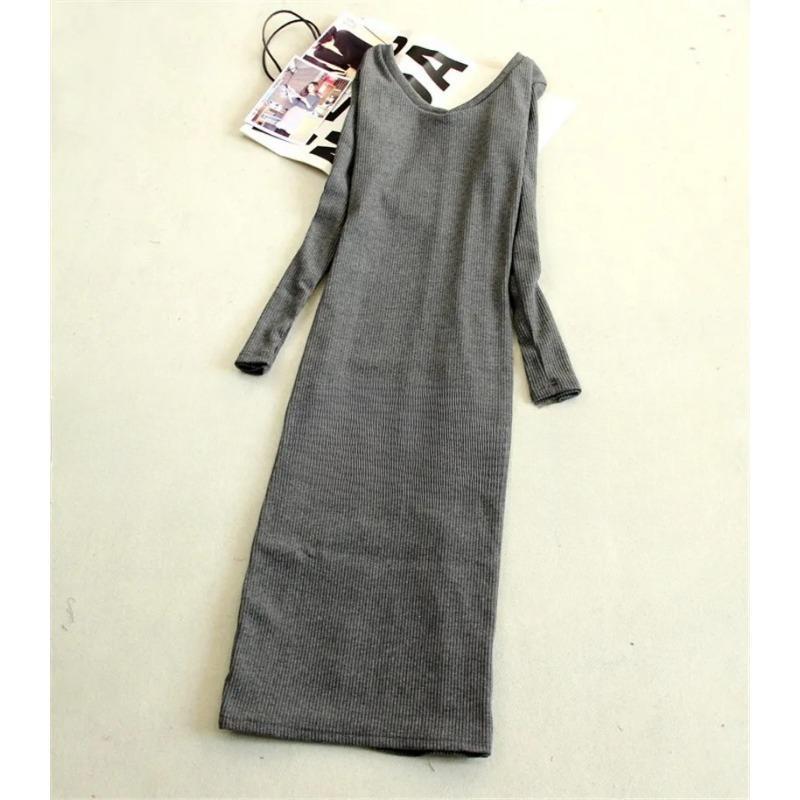 

Женское эластичное трикотажное платье-свитер осень-зима с V-образным вырезом, длинными рукавами, облегающее платье-карандаш с разрезом, красное, темно-синее, серое One Size темно серый