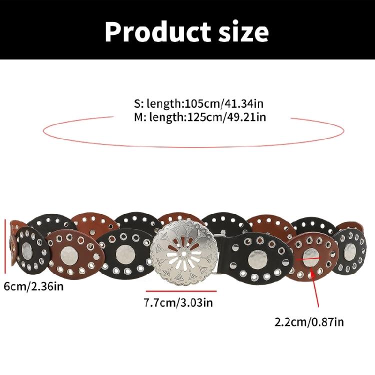 Fashion Bohemian Oval Disc Belt for Adult Western Waistband Ethnic PU Leather Hollowed Buckle Waiststrap for Dresses