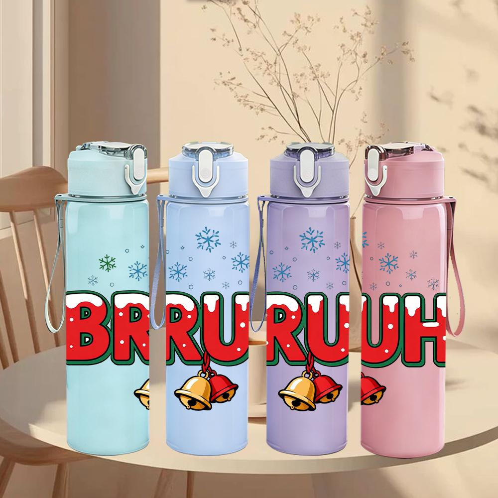 1PC Bruh Snowflake Bell Red Letter Mark 750ml Color Plastic Water Bottle Leakproof Flip Straw Lid For Sports Office Home Use
