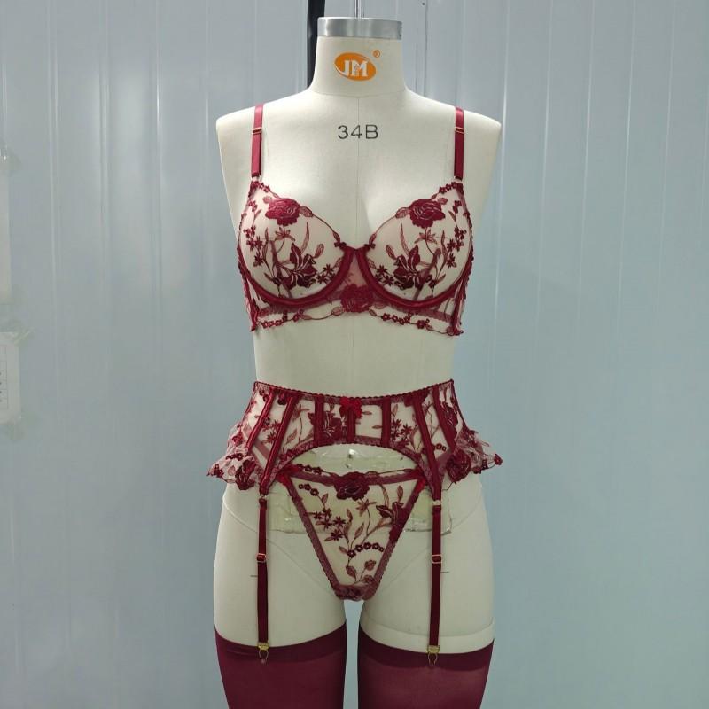 Lace Floral Embroidered Mesh Sheer Garter Belt Stockings Set With Bow Women Sexy Lingerie
