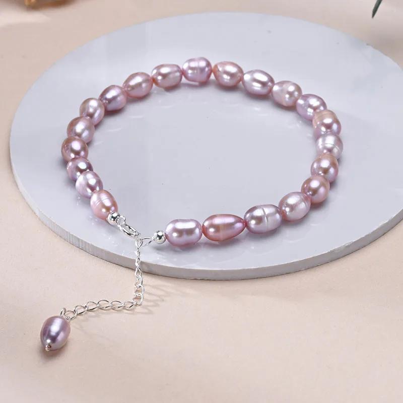 HENGSHENG Fashion 6-7mm Rice Shape Freshwater Pink Purple Mixed Color Bracelet 925 Sterling Silver Jewelry Gift for Women Girls