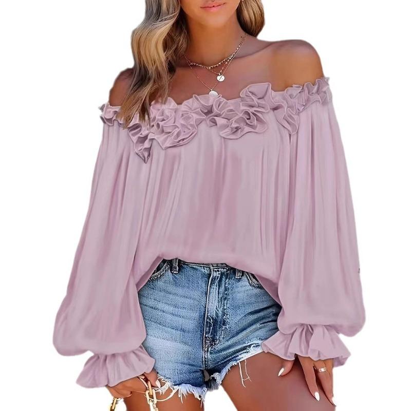 Early Spring New Style Elegant Casual Ruffled One-shoulder Off-shoulder Long-sleeved Shirt for Women