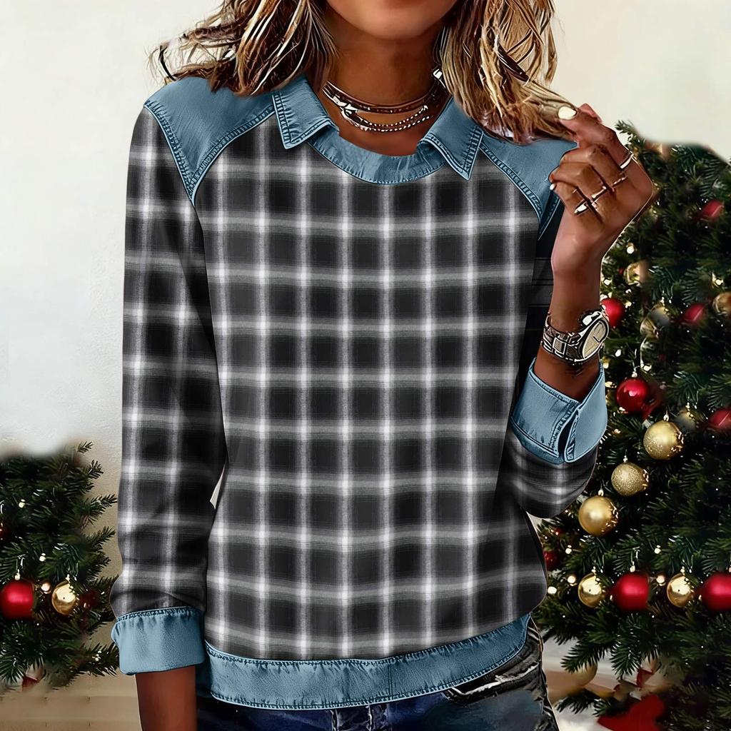 Women's Fashion Flared Long Sleeve Denim Patchwork Sweatshirt  Print Casual Pullover Top