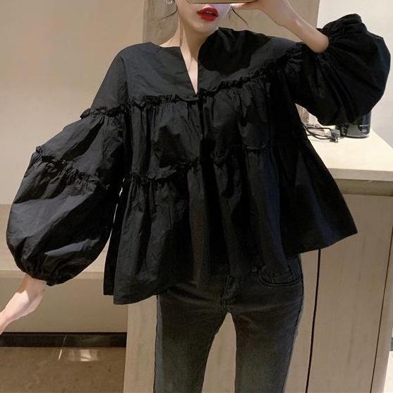 2023 Spring/Autumn Korean Style Sweet Loose Babydoll Puff Sleeve Shirt for Women