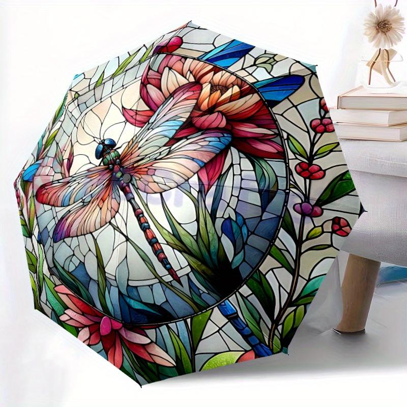 1pc Stained Glass Dragonfly Automatic Open/Close Umbrella with Windproof, Functional Design, 8-Rib Sturdy Canopy