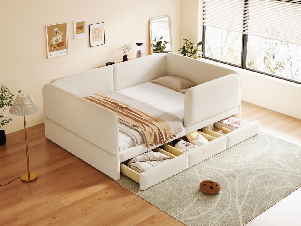 Letto imbottito per bambini 140 x 200 cm con protezione perimetrale e angoli arrotondati, con cassetto contenitore, tessuto in velluto beige (Senza materasso)