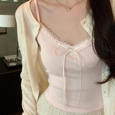 Sleek Lace Trim Camisole Tank with Chest Pads: Backless, Bow-Accented for Women