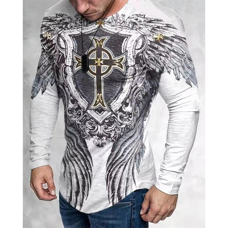 3D Printed Jesus Christianity T Shirt For Men Skeleton Pattern Tees Spring Autumn Breathable T-Shirts O-Neck Tops Long Sleeves