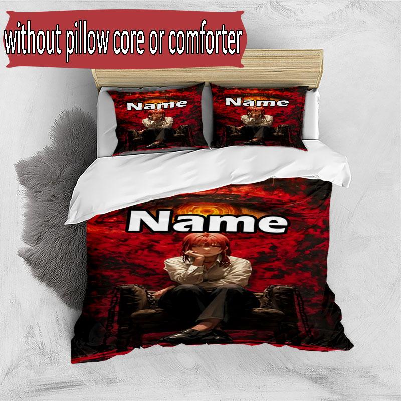 3pcs Duvet Cover Set (1*Duvet Cover + 2*Pillowcase, Without Core), Custom Name Makima Chainsaw Man Pattern Bedding Set, Home Bedroom Decor Gift