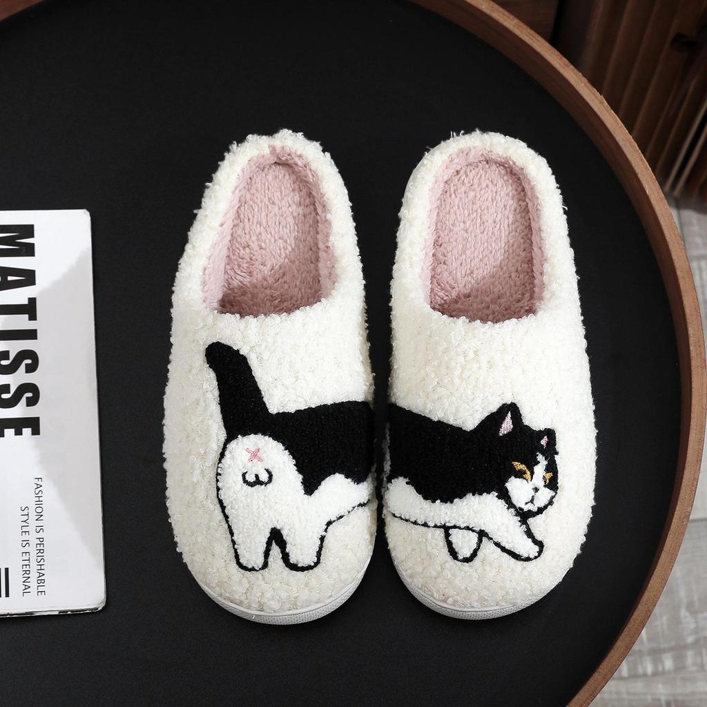 Cat & Egg Embroidered Cotton Slippers - Cozy Unisex Winter Furry Slippers with Funny Design