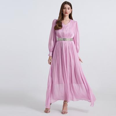 Summer Women Elegant V-neck Solid Thin Chiffon Holiday Party Long Maxi Dresses with Luxury Diamonds Belt