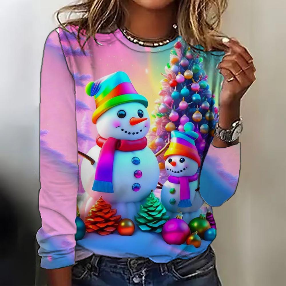 2025 Winter Women Loose Round Neck Long Sleeve T Shirts Fashion Casual 3D Santa Claus Gift Pattern Printed Christmas Party Tops