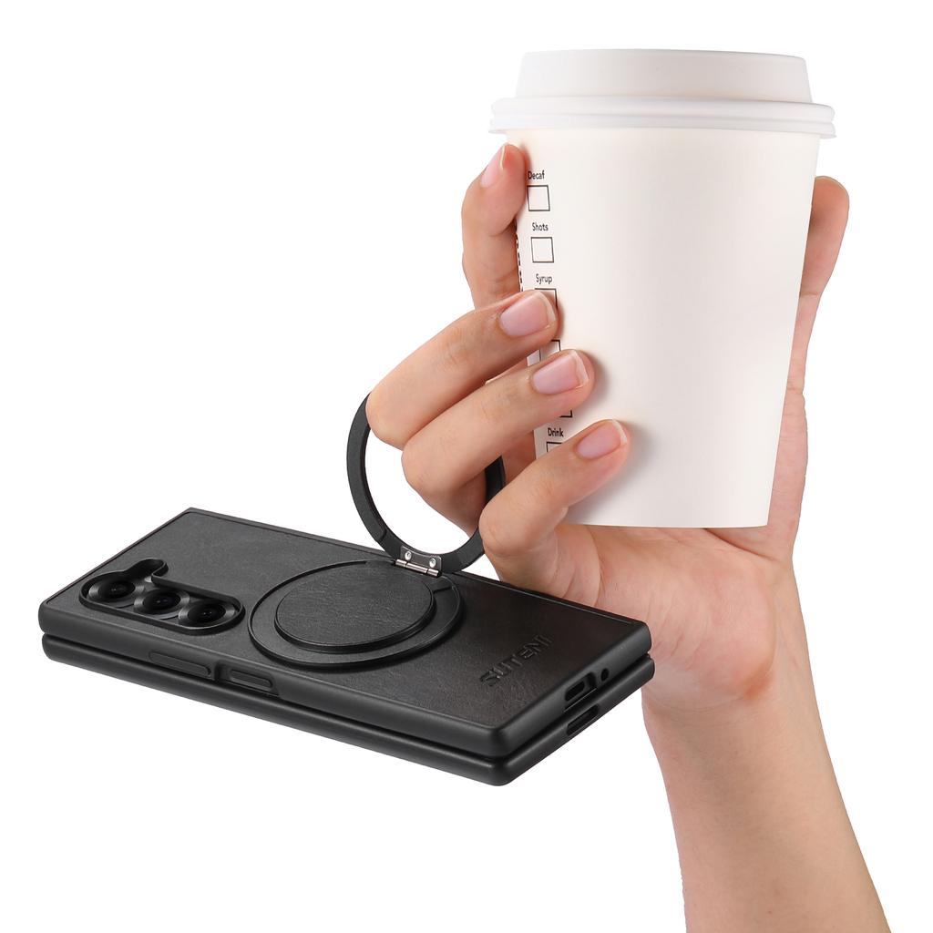 SUTENI G3 For Samsung Galaxy Z Fold7 5G Case Compatible with MagSafe Waxy Texture Rotating Kickstand Leather Phone Back Cover