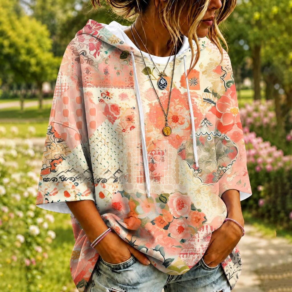 Damenmode Floral Print Hoodie Lässiger Übergroßer Pullover mit langen Ärmeln