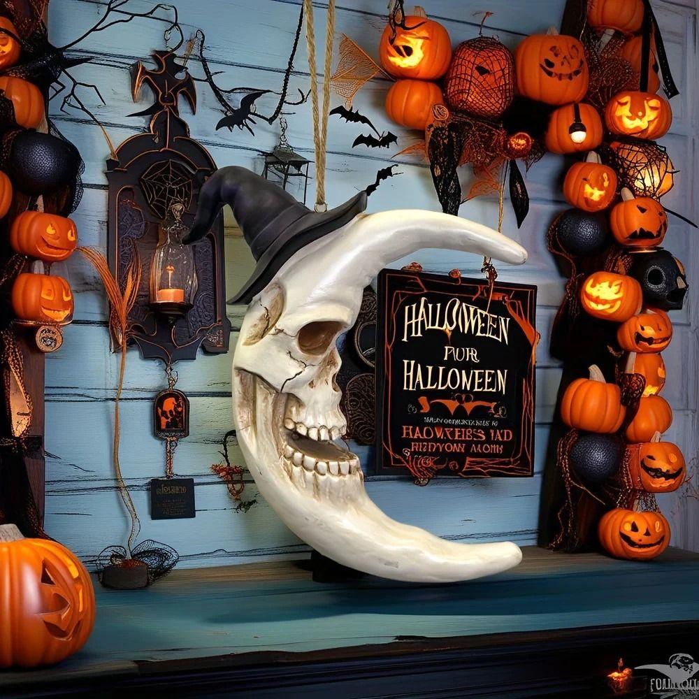 Waterproof Spooky Halloween Skull with Hat Skull Moon Hanging Decoration  Escape Room