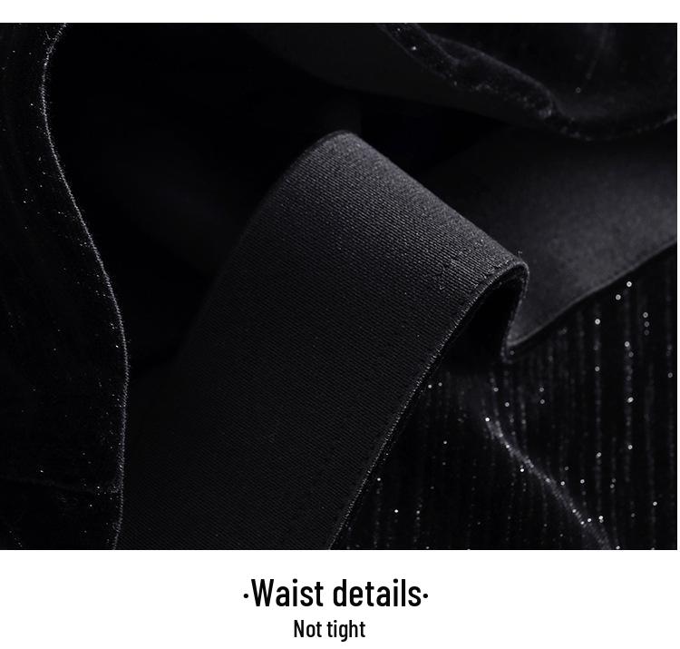 Black High-Waisted A-line Velvet Skirt - Elegant Mid-Length Design for Spring & Autumn