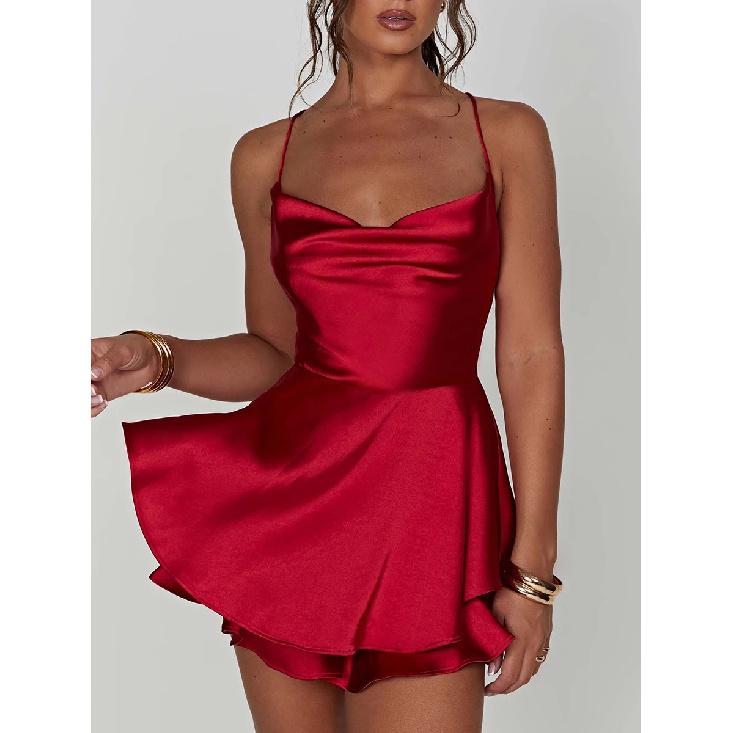 Satin Silk Women Sexy Cami Playsuits Dress Solid Cowl Neck Sleeveless Short Jumpsuits Summer Cross Tie-Up Backless Romper