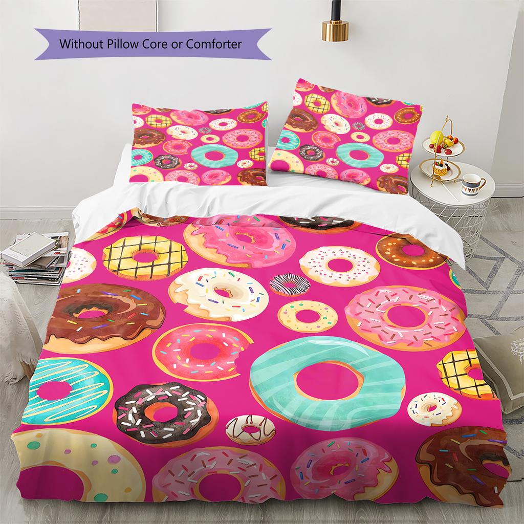 Donuts Pattern Bedding Quilt Set Quilt Cover Pillowcase Home Decoration Gift (1 * duvet cover + 2 * pillowcase, without core)