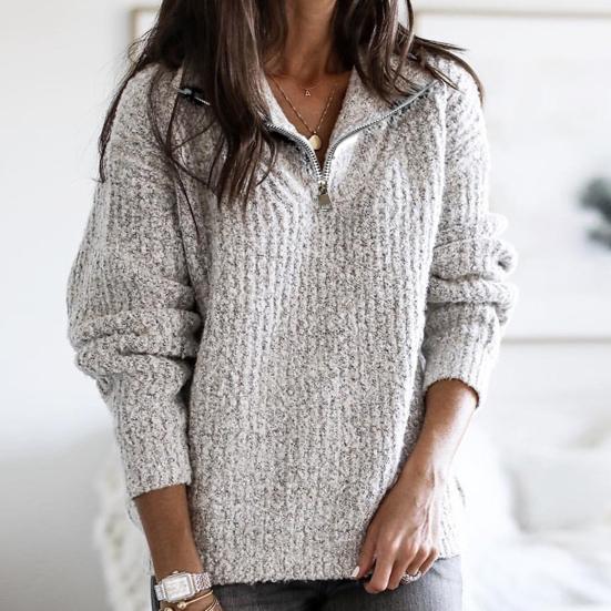 Sweter zapinany na zamek błyskawiczny, wygodny, ze spandeksu, z długim rękawem, z dekoltem w serek, dzianinowy sweter na co dzień