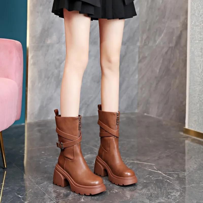 Women'S New Autumn/Winter Thick Soled Front Zipper Knight Boots Black Retro Casual Motorcycle Boots Short Tube