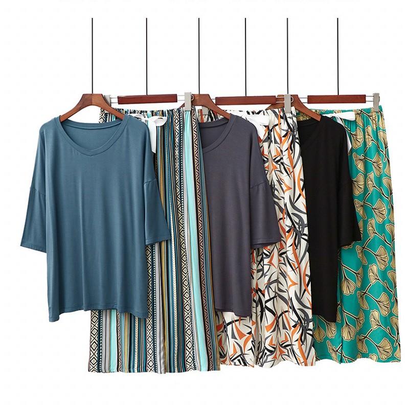 Sommer Damen Pyjama Sets Modal Kurzarm T-Shirts und Weitbein Hosen Heiß Lässig Homewear 2-teiliges Anzug Damen Nachtwäsche