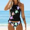 Damen-Bikini-Tankini-Badeanzug mit Neckholder, Schmetterlings- und Löwenzahn-Print