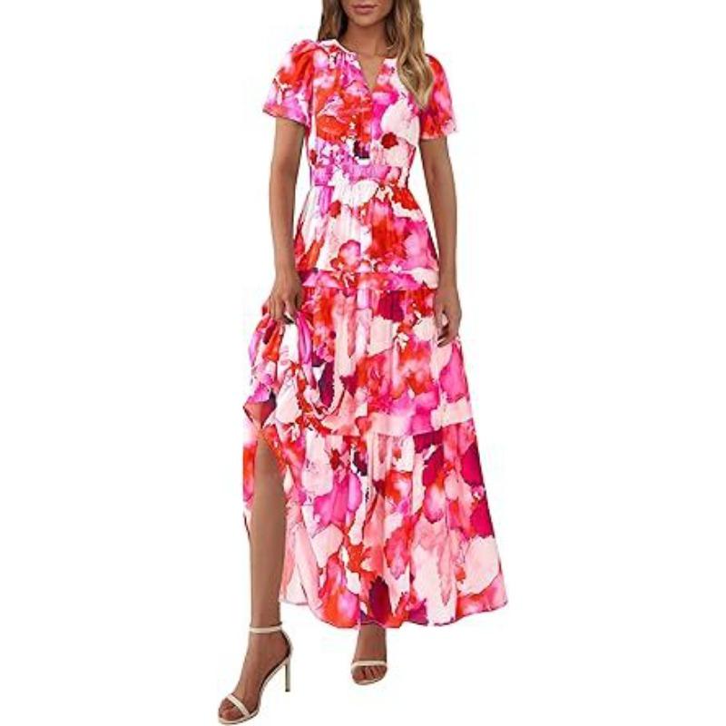 Women's V-neck Pleated Bohemian Floral Short-sleeved Layered Dress