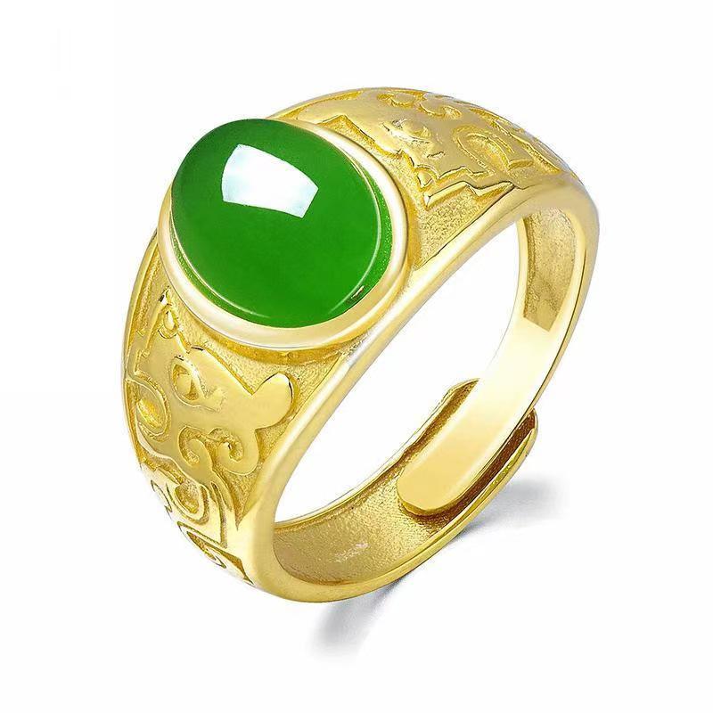 Vintage Green Jade Gold Ring: Adjustable Unisex Band with Imitation Gemstone золотой