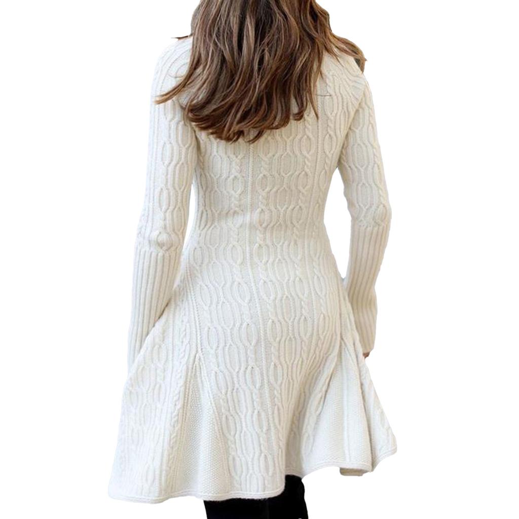 Fashionable Solid Cable-knit Turtleneck Casual Long Sweater Dress for Women