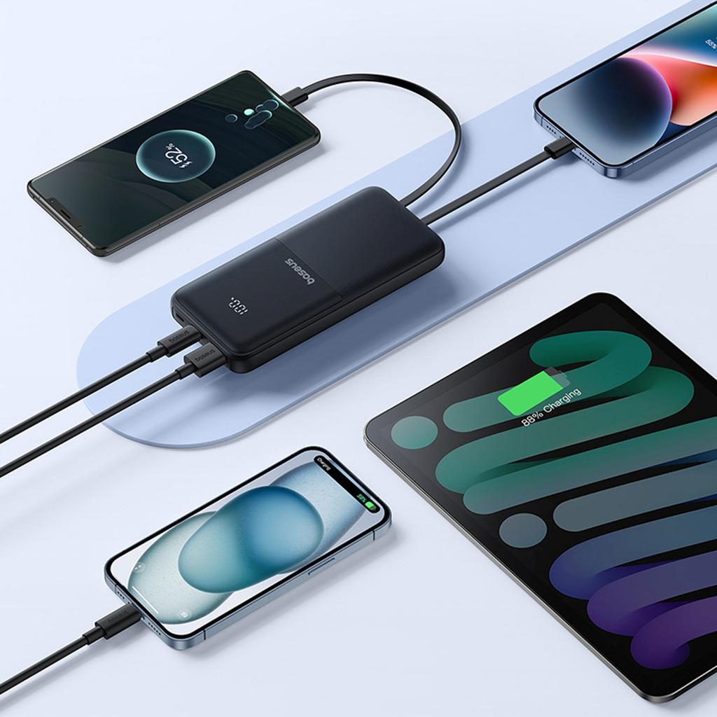 Powerbank 10000mAh 22.5W with Display, USB-C Cables, iPhone Lightning Lipow - Black