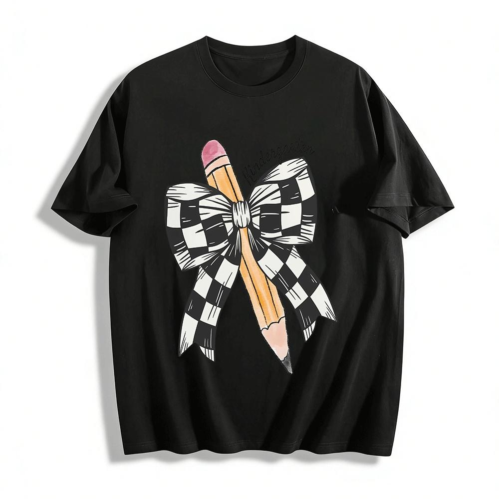 

Kindergarten Gingham Bow Pencil Print Casual Top Pure cotton T-shirt XXS