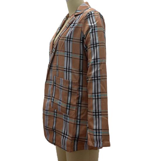 Women Suit Coat Lapel Long Sleeve Open Front Suit Jacket with Pockets Plaid Print