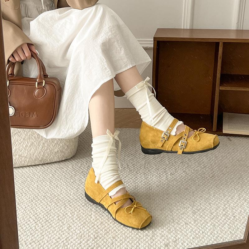 French women's ballet shoes summer new retro bow inner height increase single shoes cross strap Mary Jane shoes women