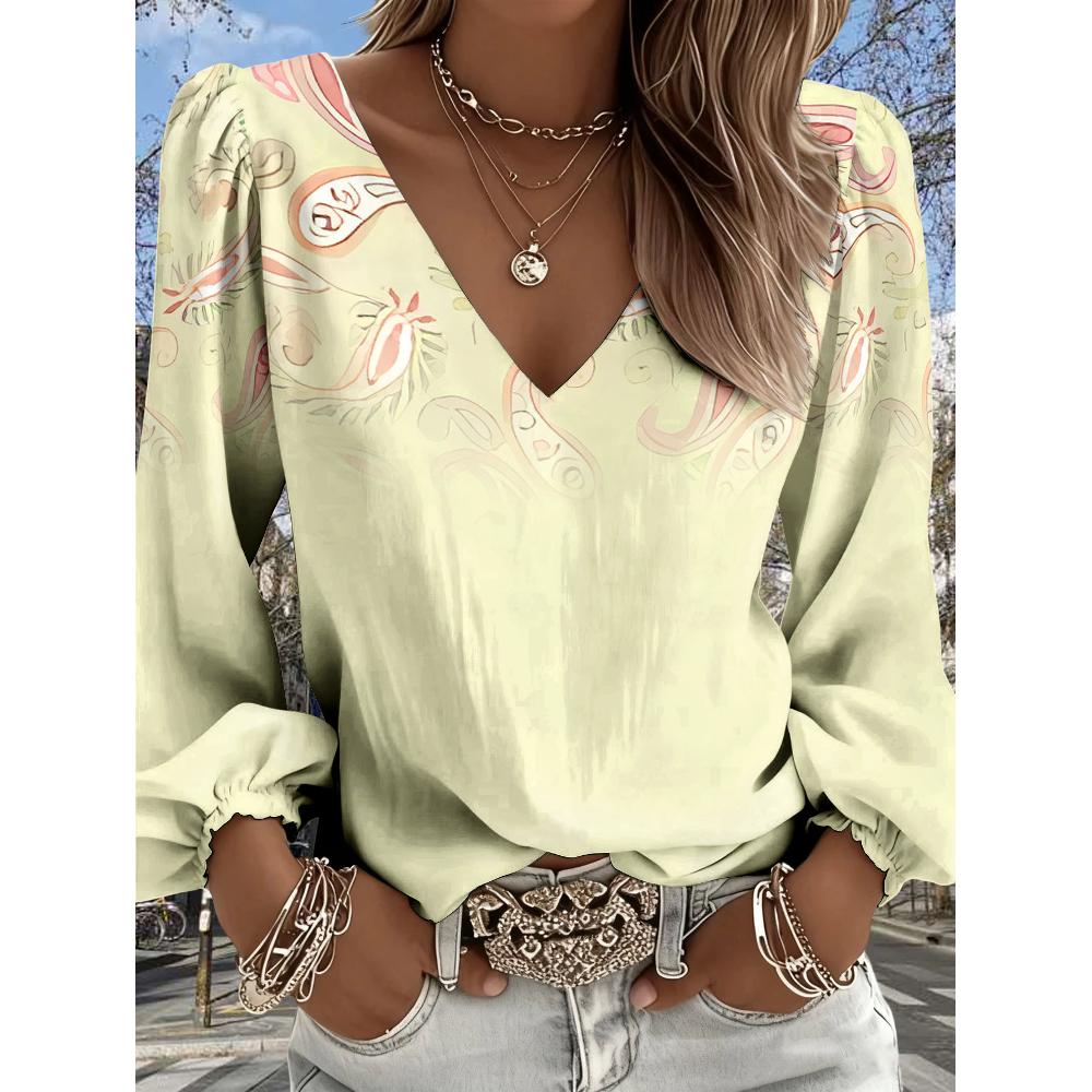 Damen Boho Retro Western Style Hemd - V-Ausschnitt Langarm Rüschen-Oberteil, geeignet für Freizeit-Outfits und Urlaubsbekleidung