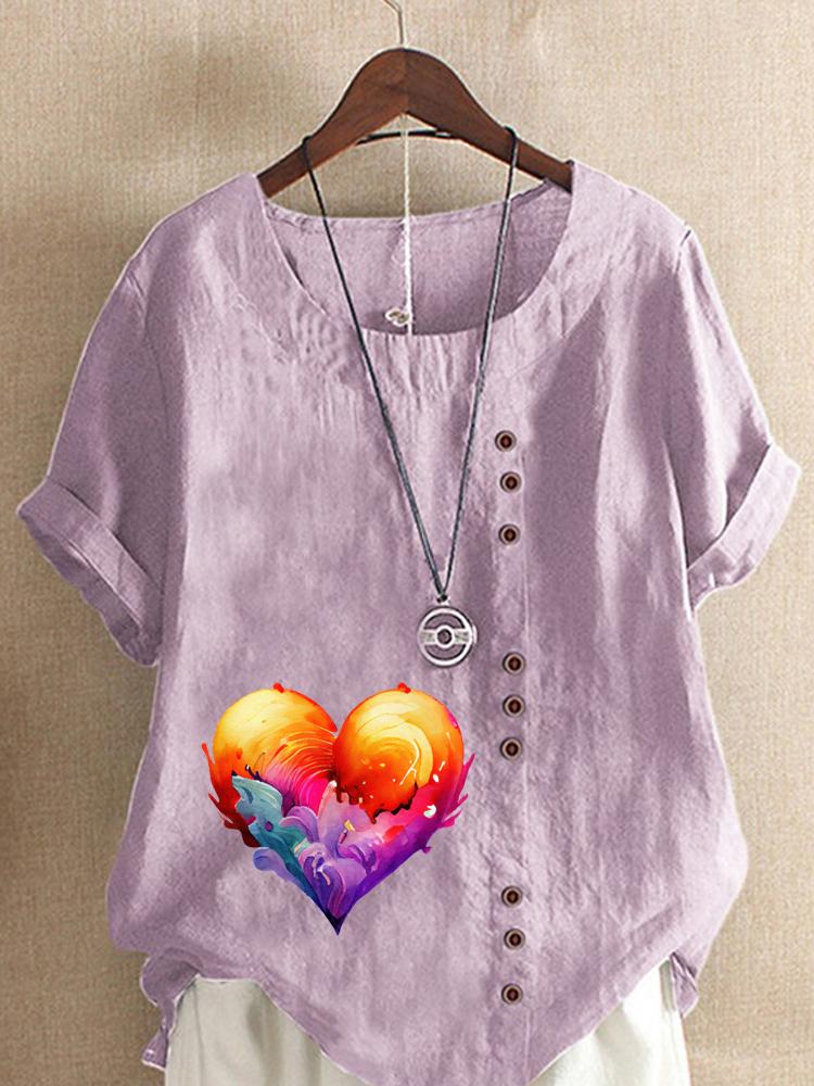 Women's Fashion Flame Love Print Round Neck Short Sleeve T-shirt Summer Casual Cotton Linen Graphic Shirt Leisure Loose Blouse Tops