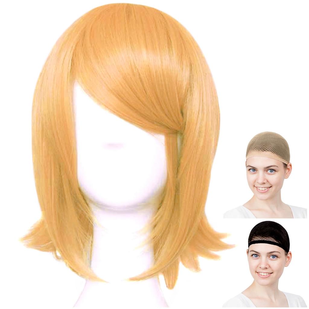 CaseEden Cosplay Wig, Short, Smooth, Gold Blonde, Set of 2 Wig Nets