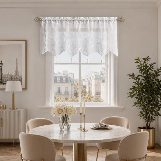 Spitzen-Fenstervorhang, Weißer Spitzen-Schiebegardine mit Quasten und Stangentasche, Vintage Lichtfilternder Fenstervorhang für das Wohnzimmer