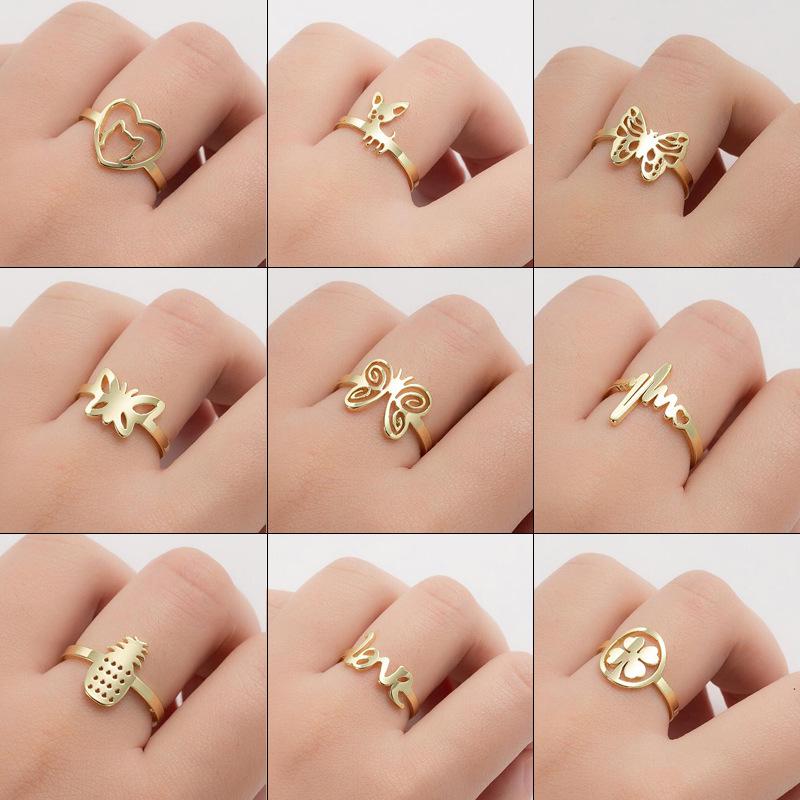 2024 Fashionable Stainless Steel Butterfly Cat Pineapple Heart Adjustable Ring