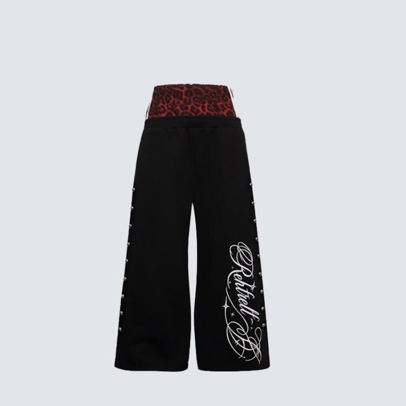 Rivet Leopard Patchwork Sweatpants Loose Fit Casual Dance Pants Unisex