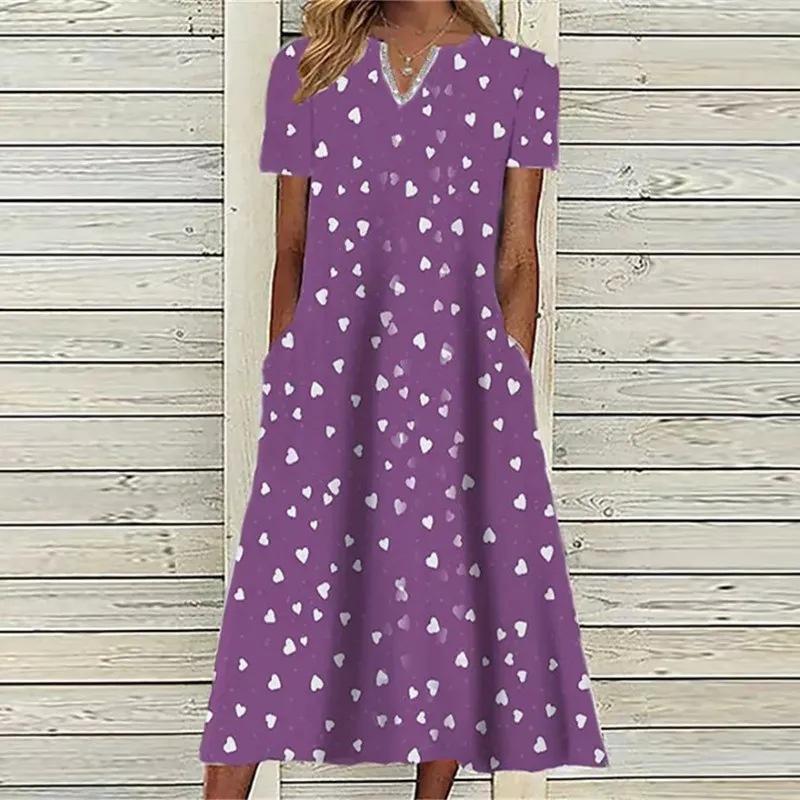 

V-neck short-sleeved new summer floral medium and long dress women s clothing XXXL фіолетовий