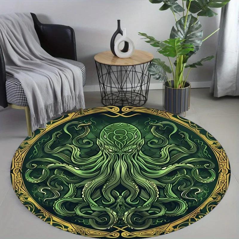 Cthulhu Tentacle Rug - Round Non-Slip Floor Mat for Bedroom & Living Room, Soft Flannel with Intricate Octopus Design Home Decor