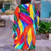 Women Plus Size V Neck Long Sleeve Pink Yellow Blue Printed Fitted Dress